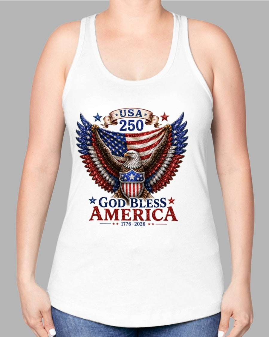 USA 250th Anniversary Cotton Blend Ladies Racerback Tank, sizes:  XS - 2XL