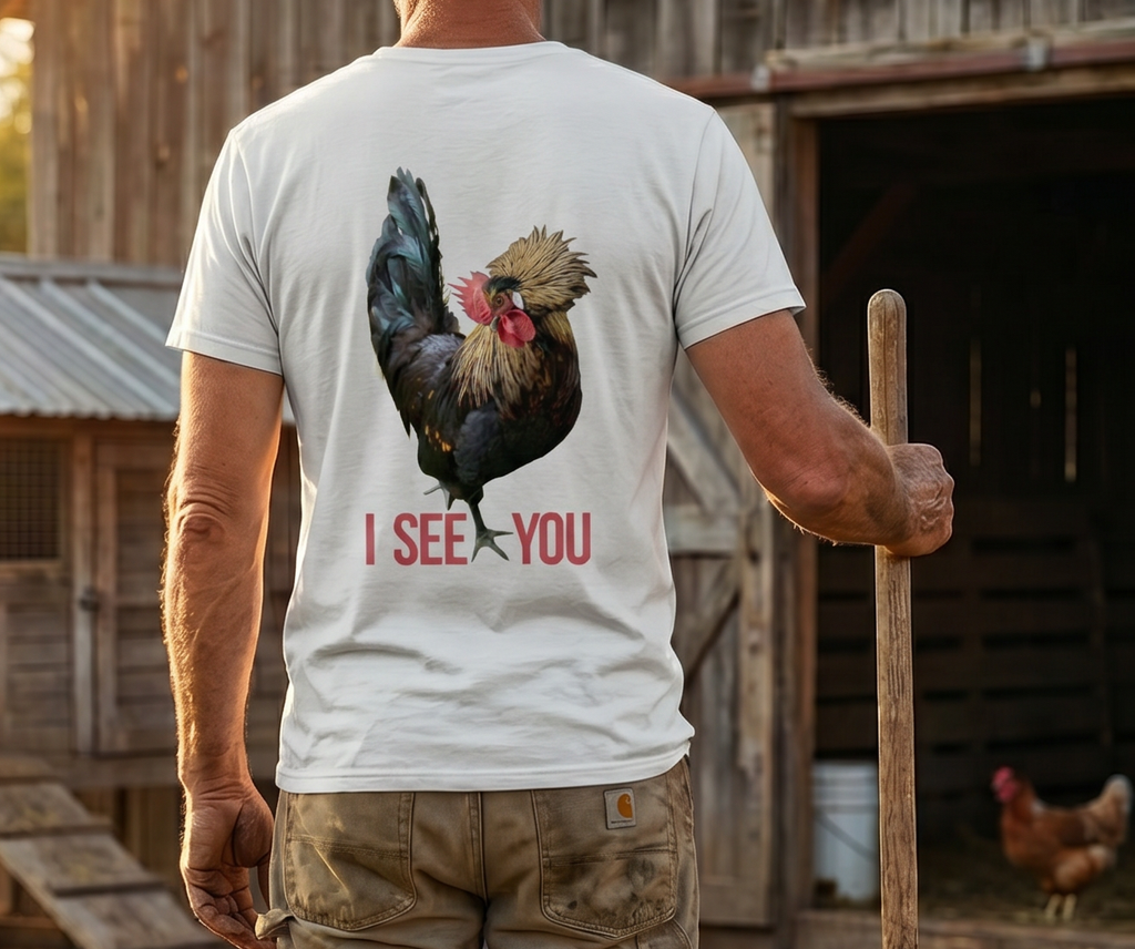 Rooster: "I SEE YOU" Unisex Cotton V-Neck Tee, sizes XS - 3XL